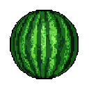 This pixel art image showcases a whole watermelon, rendered in earthy greens with detailed rind textures. The simple, nostalgic style creates an iconic and static representation of the fruit.