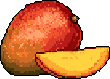 A pixel art image showcases a ripe, ovular mango alongside a juicy slice, their warm yellow and orange hues popping against a stark black backdrop, creating a simple and inviting scene of natural freshness.