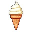 A pixelated vanilla ice cream cone, rendered in warm, inviting tones, is showcased against a stark black backdrop. The classic waffle cone and soft-serve swirl are depicted with subtle pixel details, evoking a simple, nostalgic treat.