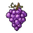 This pixel art image showcases a vibrant bunch of purple grapes, complete with stem and tendrils, rendered in a classic, nostalgic style. The simple yet effective use of color and highlights creates a striking contrast against the black background, emphasizing the fruit's roundness and texture.