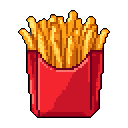 This pixel art image features a vibrant red fast-food container overflowing with perfectly golden, pixelated French fries. The simple composition and bright colors create a nostalgic and appetizing vibe.