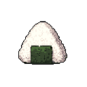 This pixel art image features a simple, nostalgic onigiri, its triangular form lovingly rendered in muted greens and whites. The focus is entirely on this humble Japanese rice ball.