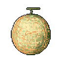 This pixel art presents a detailed, spherical melon with a textured netting pattern, reminiscent of a classic video game item. The earthy tones and simple composition highlight the fruit's unique surface and form.
