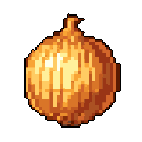 A single, rustic pixel art onion is showcased against a stark black background, its earthy tones and simple form creating a focused and natural still-life.