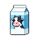 This pixel art features a charming, front-facing cardboard milk carton with a cute cow illustration on its white and light blue label. The simple design and pastel tones give the carton a whimsical, clean aesthetic.