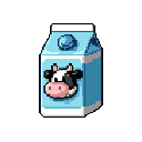 A pixel art milk carton, adorned with a cute cow face, stands ready for refreshment. Rendered in a simple, game-like style with blue, white, and pink accents, it evokes a sense of retro utility.