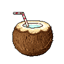 Enjoy a refreshing taste of the tropics with this pixel art depiction of a young coconut drink, complete with a red and white striped straw. The simple, earthy color palette focuses on the inviting beverage, making it a visually appealing treat.