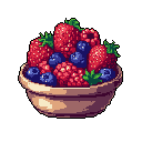 A pixel art bowl brims with a colorful bounty of strawberries, blueberries, and raspberries, their vibrant hues popping against a stark black background. This charming still life captures the simple abundance and wholesome sweetness of fresh, pixelated fruit.