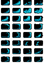 This pixel art sprite sheet showcases a dynamic sequence of cyan and blue liquid animations against a black backdrop. The sprites capture energetic fluid motion, from splashes and waves to droplets and bursts, perfect for game development. Each frame meticulously depicts a moment in this water-like animation.