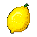 This pixel art piece showcases a single, vibrant lemon rendered in bright yellow hues against a stark black background. The simple design and textured details evoke a classic, minimalist aesthetic.