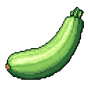 This pixel art showcases a diagonally-placed zucchini, rendered in muted greens with subtle shading to highlight its natural texture. The simple, rustic depiction focuses solely on the vegetable itself.