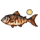 This pixel art features a cooked fish, realistically rendered in warm browns and oranges, paired with a bright lemon slice. The simple design focuses on these culinary elements against a stark black background.