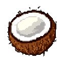 This pixel art image features a halved coconut, showcasing its creamy flesh and fibrous husk in a top-down view. The simple yet realistic depiction evokes a tropical and natural vibe.