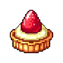 A charming pixel art strawberry tart, rendered in warm, vibrant colors, takes center stage. Its simple design evokes a sense of nostalgia and deliciousness.