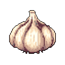 This pixel art features a realistically rendered head of garlic, showcasing its segmented cloves and textured skin in warm, earthy tones against a stark black background. The simple and centered composition highlights the vegetable's natural form.