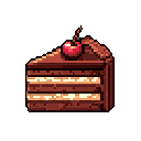 This pixel art image features a mouthwatering slice of chocolate layer cake with creamy frosting and a bright red cherry on top. The profile view showcases the cake's delicious layers in delectable detail.