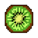 This pixel art image showcases a cross-section of a kiwi fruit, rendered in a simplified, retro style with vibrant greens and browns. The fruit's characteristic flesh, core, and seeds are clearly defined, offering a fresh and nostalgic take on this familiar food.
