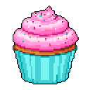 This pixel art cupcake features a light brown base in a blue liner, topped with bright pink frosting and colorful sprinkles. The sweet treat, rendered in a charmingly blocky style, evokes a sense of simple joy and nostalgia.
