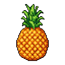 This pixel art image showcases a vibrant and ripe pineapple, its yellow-orange body and green crown standing out against a stark black background. The simple yet stylized design highlights the fruit's texture and natural beauty.