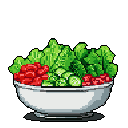 This pixel art image showcases a vibrant and healthy salad overflowing from a simple white bowl. The close-up view and bright colors against a black background emphasize the freshness and appeal of the meal.