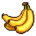 This pixel art image showcases a vibrant bunch of ripe yellow bananas hanging from a stem. The close-up composition and stark black background emphasize the fruit's natural form and texture in a nostalgic, classic video game style.