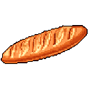 A warm, freshly baked baguette is rendered in charming pixel art, showcasing its scored crust in delicious detail against a stark black background.