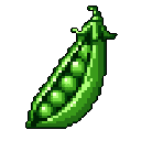 This pixel art image features a vibrant green pea pod, partially opened to reveal six plump, ripe peas nestled inside. The simple design and high contrast against the black background highlight the natural beauty of this humble vegetable.