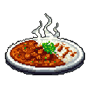 This pixel art showcases a comforting plate of rice and curry, complete with visible steam and vibrant green garnish. The dish features a generous portion of rich, dark brown curry next to a mound of perfectly textured rice, creating an appetizing and warm visual.