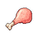 This pixel art depicts a cooked chicken leg, rendered in realistic pink and white tones, reminiscent of a health-restoring item from classic video games. The simple, static sprite captures a nostalgic vibe with its focus on recognizable flesh tones and bone detail.
