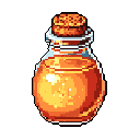 This pixel art showcases a glass bottle filled with a luminous, orange liquid that suggests a magical potion. The detailed rendering emphasizes the liquid's shimmer and the glass's transparency, creating a mystical vibe.