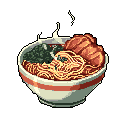 A pixel art close-up showcases a steaming bowl of ramen, complete with wavy noodles, savory pork belly, and vibrant seaweed. The rich colors and detailed textures create a comforting and appetizing image.