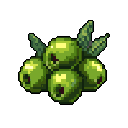 A cluster of glossy green fruits with serrated leaves are rendered in pixel art, their simple design evoking a naturalistic, game-like aesthetic. The earthy green tones and dark details create a sense of quiet observation.