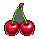 A pair of vibrant red pixel art cherries, plump and glossy, are joined by bright green stems, evoking a nostalgic, retro gaming aesthetic.