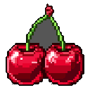 This pixel art image features a pair of vibrant red cherries, connected by their stems and brought to life with subtle shading. Reminiscent of classic video game sprites, the simple yet iconic design pops against the stark black backdrop.
