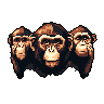 Three pixelated chimpanzee heads stare calmly from the void, their earthy tones creating a focused and classic portrait. The central, larger ape slightly overlaps its flanking companions, drawing the eye with its quiet observation.