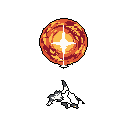 A glowing, fiery orb dominates this pixel art image, radiating intense energy and light. Below, scattered fragments hint at a powerful impact or aftermath, creating a striking contrast against the black background. The piece evokes a sense of cosmic power and mystery.