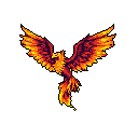 A pixel art phoenix bursts forth in a dynamic display of fiery colors, its wings spread wide in a powerful ascent against a stark black background. The mythical bird embodies rebirth and majesty with its vibrant hues and determined gaze.