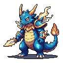 A muscular blue dragon, rendered in detailed pixel art, stands ready for battle, clutching a flaming sword. Spikes and fiery wings erupt from its body, completing the look of this powerful, heroic warrior. The solid black background emphasizes the dragon's vibrant colors and formidable presence.