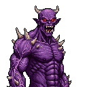 This pixel art portrait showcases a menacing, purple-skinned demon with glowing red eyes and sharp fangs, radiating raw power and aggression. Bone-like spikes adorn its muscular form, set against a stark black background, emphasizing its intimidating presence.