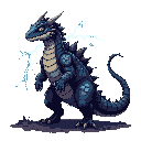This pixel art depicts a small, bipedal dragon-like creature crackling with electric energy. The powerful, reptilian figure stands poised amidst a storm of lightning, hinting at untamed power.