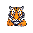 This pixel art portrait captures the intense gaze and powerful presence of a tiger in striking orange, white, and black. The high-contrast color scheme emphasizes the tiger's distinctive markings, creating a captivating and focused image.