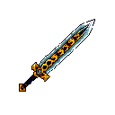 This pixel art showcases a diagonally-angled, enchanted sword with a glowing, chain-like blade and ornate gold and dark blue accents. The striking design and vibrant colors against a black background evoke a sense of fantasy and adventure, hinting at a powerful weapon.