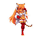 This pixel art features a playful tiger-girl character with orange striped hair and a flirtatious expression, posed dynamically in a red and white outfit. Her vibrant design pops against the solid black background, creating an energetic and slightly sensual vibe.