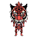 This pixel art showcases a fierce, upright tiger warrior with stylized armor and a crown, rendered in a striking red-orange, cream, and black palette. Its imposing presence and determined gaze create a powerful and memorable character.