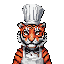 This pixel art features a cheerful, anthropomorphic tiger chef in a hat and apron, rendered in vibrant orange and black against a stark background. The mischievous-looking tiger is ready to serve up some retro charm.