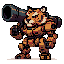 A powerful, pixelated tiger warrior stands ready, clad in a heavy mechanical battlesuit and wielding a massive cannon. The determined tiger's imposing stance and muted color palette evoke strength and a gritty, serious tone.