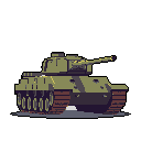 A detailed pixel art tank, rendered in realistic olive green and brown tones, sits stationary against a stark black background. The image captures the military vehicle's details, from its rivets and panel lines to the individual track links, creating a neutral and observational depiction.