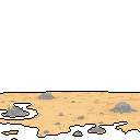 This pixel art captures a desolate, rocky terrain under a vast, dark expanse. The muted, earthy tones and sparse details evoke a sense of isolation and emptiness.