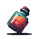 A stylized pixel art bottle, filled with a vibrant, swirling orange-red liquid, evokes a sense of mystery and retro charm. The detailed highlights and rich colors suggest a valuable or magical concoction.
