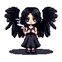 This pixel art features a melancholic, winged girl smoking, her dark wings and somber expression creating a striking and slightly gothic image. The muted color palette and simple black background emphasize her solitary figure.